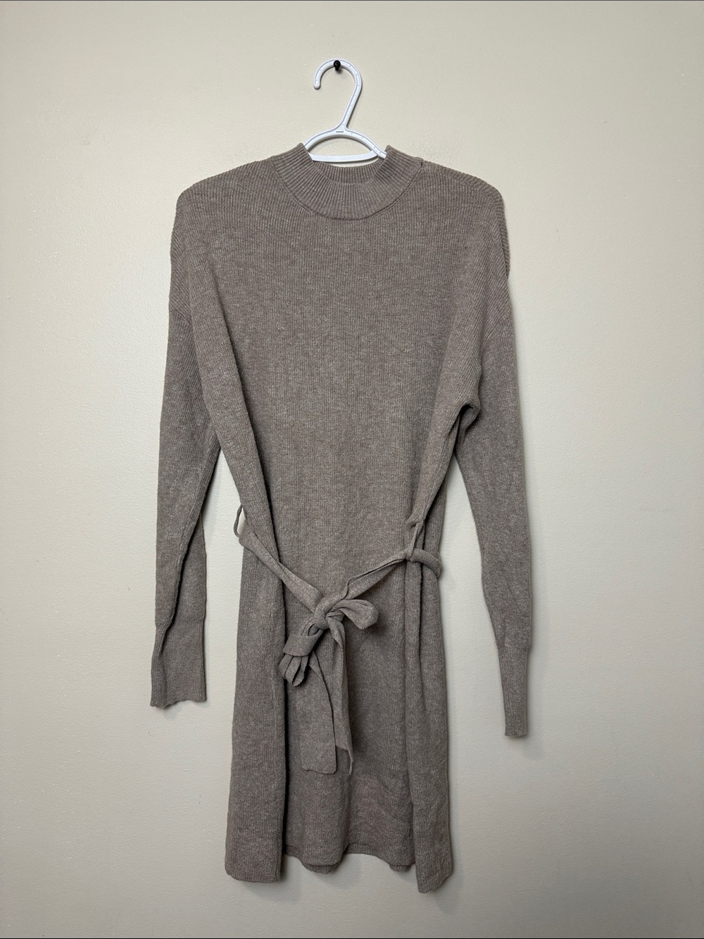 Dex Taupe Knit Tie-Waist Long Sleeve sweater Dress  size S